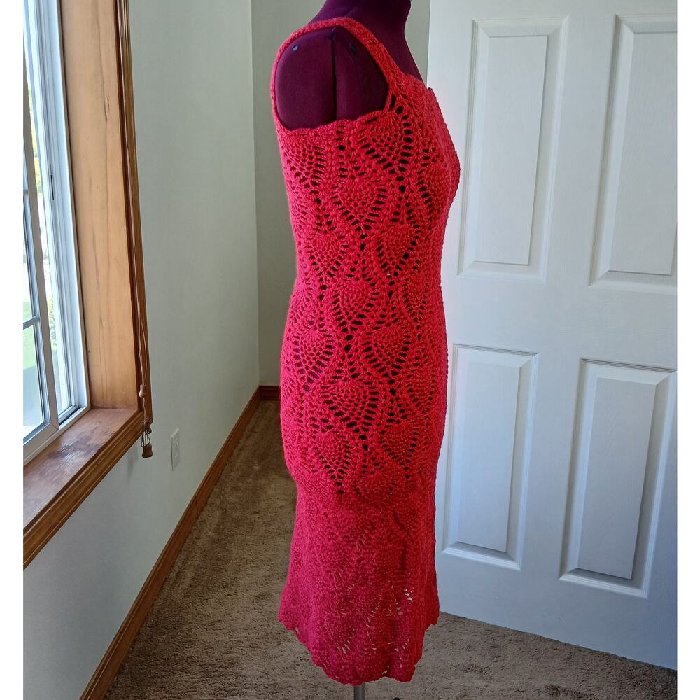 Hand Crafted Red Crochet Lace Gown M L XL 2X bodycon midi tube dress swim cover - Picture 5 of 11